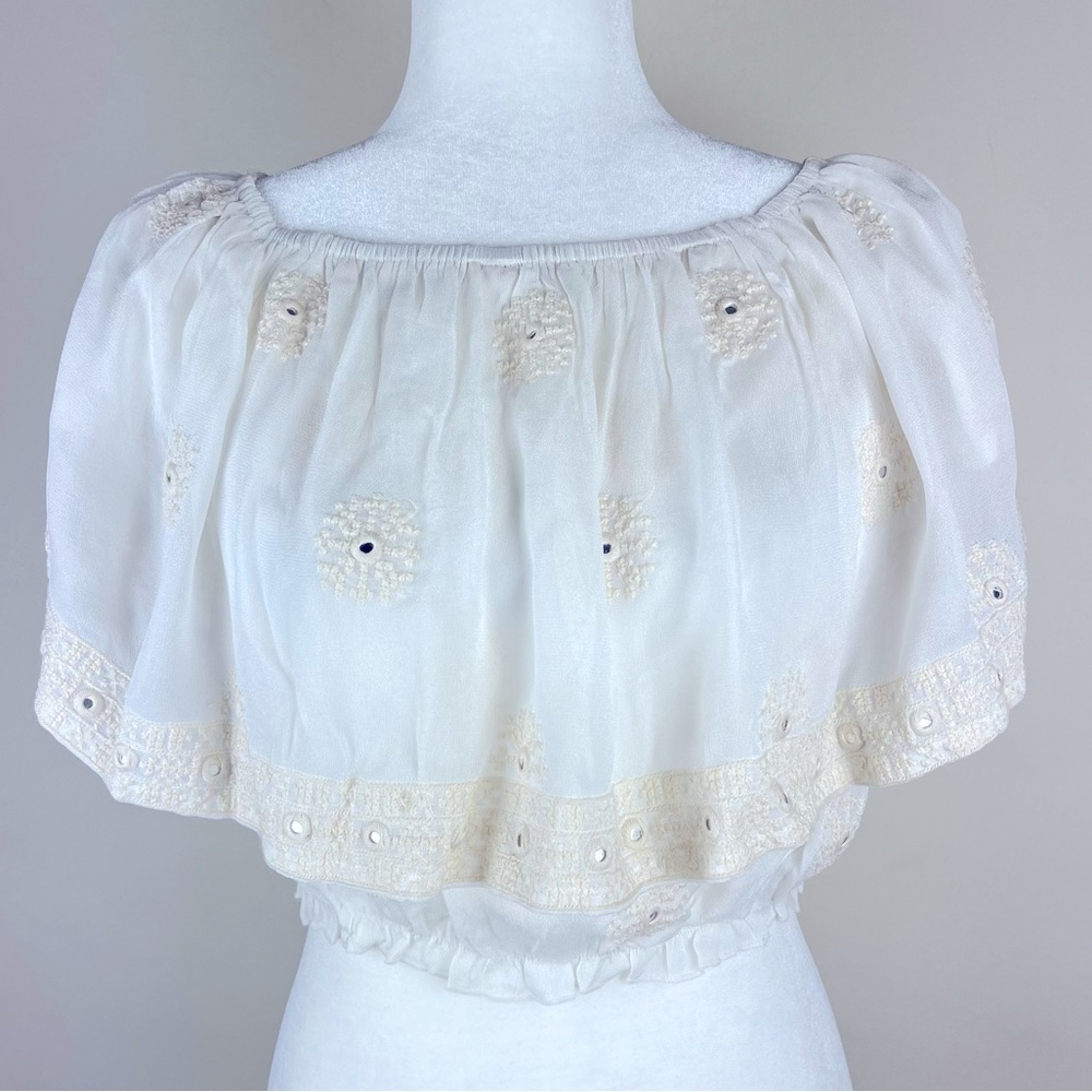 Raga | Boho 70s Vibes Festival Eyelet Embroidered Peasant Crop Top Ivory | S